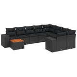 10 Piece Garden Sofa Set with Cushions Black Poly Rattan - Front View