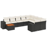 10 Piece Garden Sofa Set with Cushions Black Poly Rattan - Front View