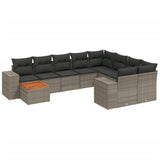 10 Piece Garden Sofa Set with Cushions Grey Poly Rattan - Front View