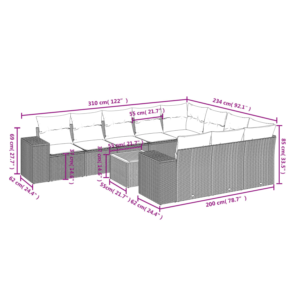 11 Piece Garden Sofa Set with Cushions Grey Poly Rattan