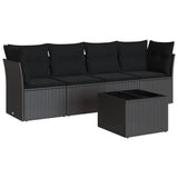 5 Piece Garden Sofa Set with Cushions Black Poly Rattan - Front View
