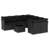 9 Piece Garden Sofa Set with Cushions Black Poly Rattan - Front View