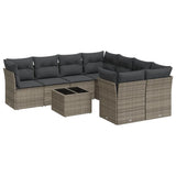 9 Piece Garden Sofa Set with Cushions Grey Poly Rattan - Front View