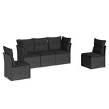 5 Piece Garden Sofa Set with Cushions Black Poly Rattan - Front View