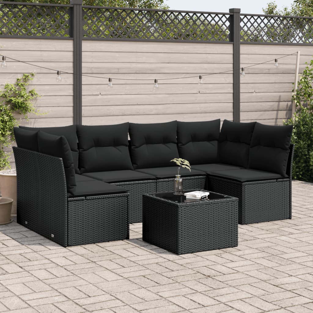7 Piece Garden Sofa Set with Cushions Black Poly Rattan