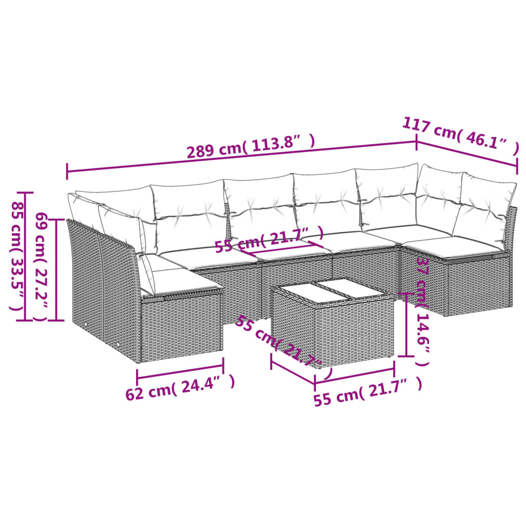 8 Piece Garden Sofa Set with Cushions Grey Poly Rattan