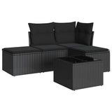 5 Piece Garden Sofa Set with Cushions Black Poly Rattan - Front View