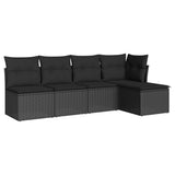 5 Piece Garden Sofa Set with Cushions Black Poly Rattan - Front View