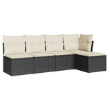 5 Piece Garden Sofa Set with Cushions Black Poly Rattan - Front View
