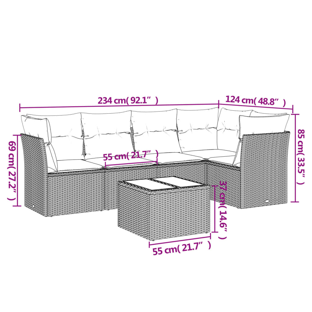 6 Piece Garden Sofa Set with Cushions Grey Poly Rattan