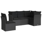 5 Piece Garden Sofa Set with Cushions Black Poly Rattan - Front View