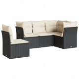 5 Piece Garden Sofa Set with Cushions Black Poly Rattan - Front View