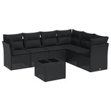 7 Piece Garden Sofa Set with Cushions Black Poly Rattan - Front View