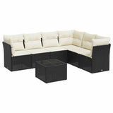 7 Piece Garden Sofa Set with Cushions Black Poly Rattan - Front View