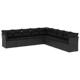 9 Piece Garden Sofa Set with Cushions Black Poly Rattan - Front View
