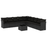 10 Piece Garden Sofa Set with Cushions Black Poly Rattan - Front View
