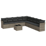 10 Piece Garden Sofa Set with Cushions Grey Poly Rattan - Front View