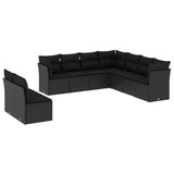 9 Piece Garden Sofa Set with Cushions Black Poly Rattan - Front View