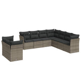 9 Piece Garden Sofa Set with Cushions Grey Poly Rattan - Front View