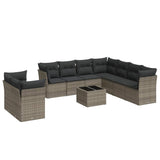 10 Piece Garden Sofa Set with Cushions Grey Poly Rattan - Front View