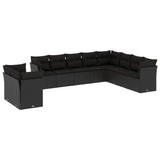 10 Piece Garden Sofa Set with Cushions Black Poly Rattan - Front View