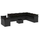 11 Piece Garden Sofa Set with Cushions Black Poly Rattan - Front View