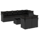 9 Piece Garden Sofa Set with Cushions Black Poly Rattan - Front View