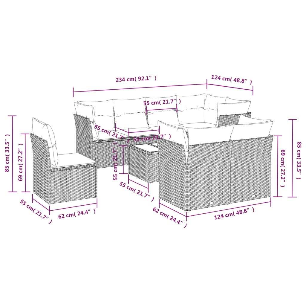 9 Piece Garden Sofa Set with Cushions Grey Poly Rattan