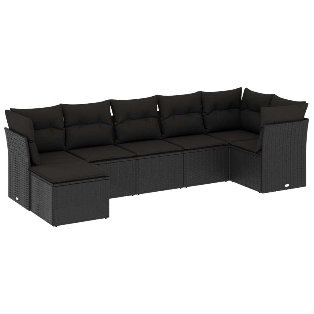 7 Piece Garden Sofa Set with Cushions Black Poly Rattan