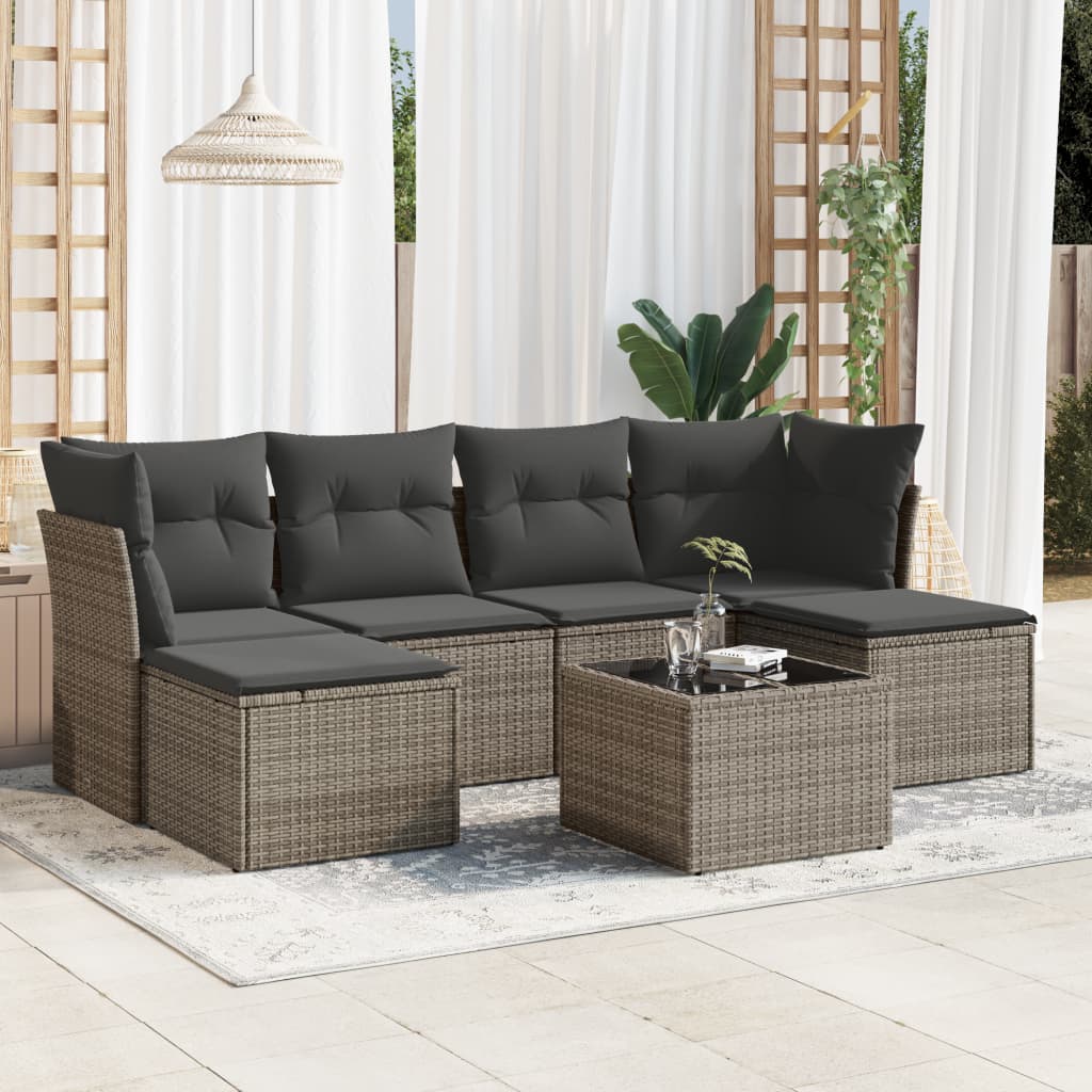7 Piece Garden Sofa Set with Cushions Grey Poly Rattan