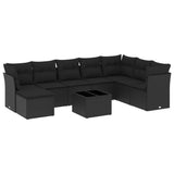 9 Piece Garden Sofa Set with Cushions Black Poly Rattan - Front View
