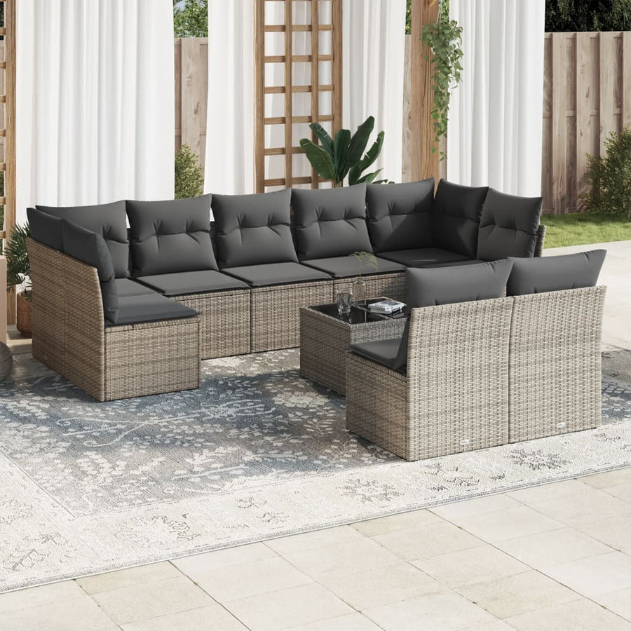 10 Piece Garden Sofa Set with Cushions Grey Poly Rattan