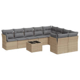 10 Piece Garden Sofa Set with Cushions Beige Poly Rattan - Front View