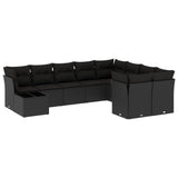 10 Piece Garden Sofa Set with Cushions Black Poly Rattan - Front View