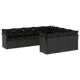 10 Piece Garden Sofa Set with Cushions Black Poly Rattan - Front View