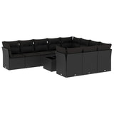 11 Piece Garden Sofa Set with Cushions Black Poly Rattan - Front View