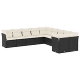 10 Piece Garden Sofa Set with Cushions Black Poly Rattan - Front View