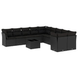 11 Piece Garden Sofa Set with Cushions Black Poly Rattan - Front View