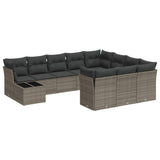 11 Piece Garden Sofa Set with Cushions Grey Poly Rattan - Front View