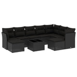 10 Piece Garden Sofa Set with Cushions Black Poly Rattan - Front View