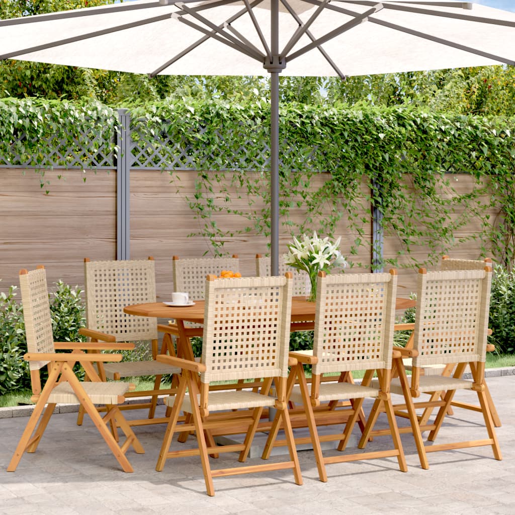 Reclining Folding Chairs 8 pcs Beige Poly Rattan and Solid Wood