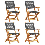 Folding Garden Chairs 4 pcs Black Poly Rattan and Solid Wood - Front View