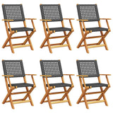 Folding Garden Chairs 6 pcs Black Poly Rattan and Solid Wood - Front View