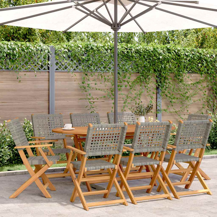 Folding Chairs 8 pcs Grey Poly Rattan and Solid Wood