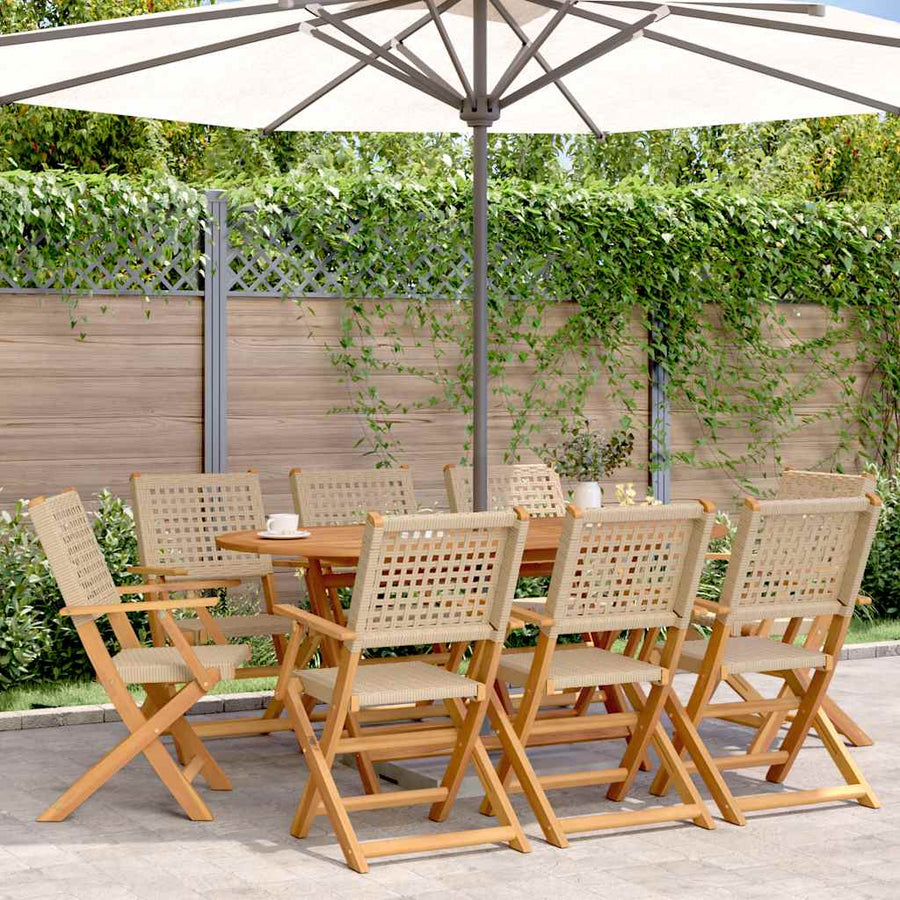 Folding Chairs 8 pcs Beige Poly Rattan and Solid Wood