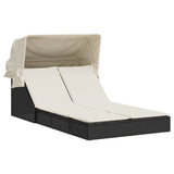 Double Sun Lounger with Canopy and Cushions Black Poly Rattan - Front View