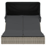 Double Sun Lounger with Canopy and Cushions Grey Poly Rattan