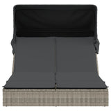 Double Sun Lounger with Canopy and Cushions Grey Poly Rattan - Side View