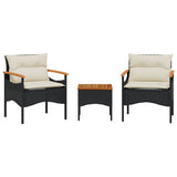 3 Piece Garden Sofa Set with Cushions Black Poly Rattan - Front View