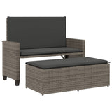 Garden Bench with Cushions and Footstool Grey Poly Rattan - Front View
